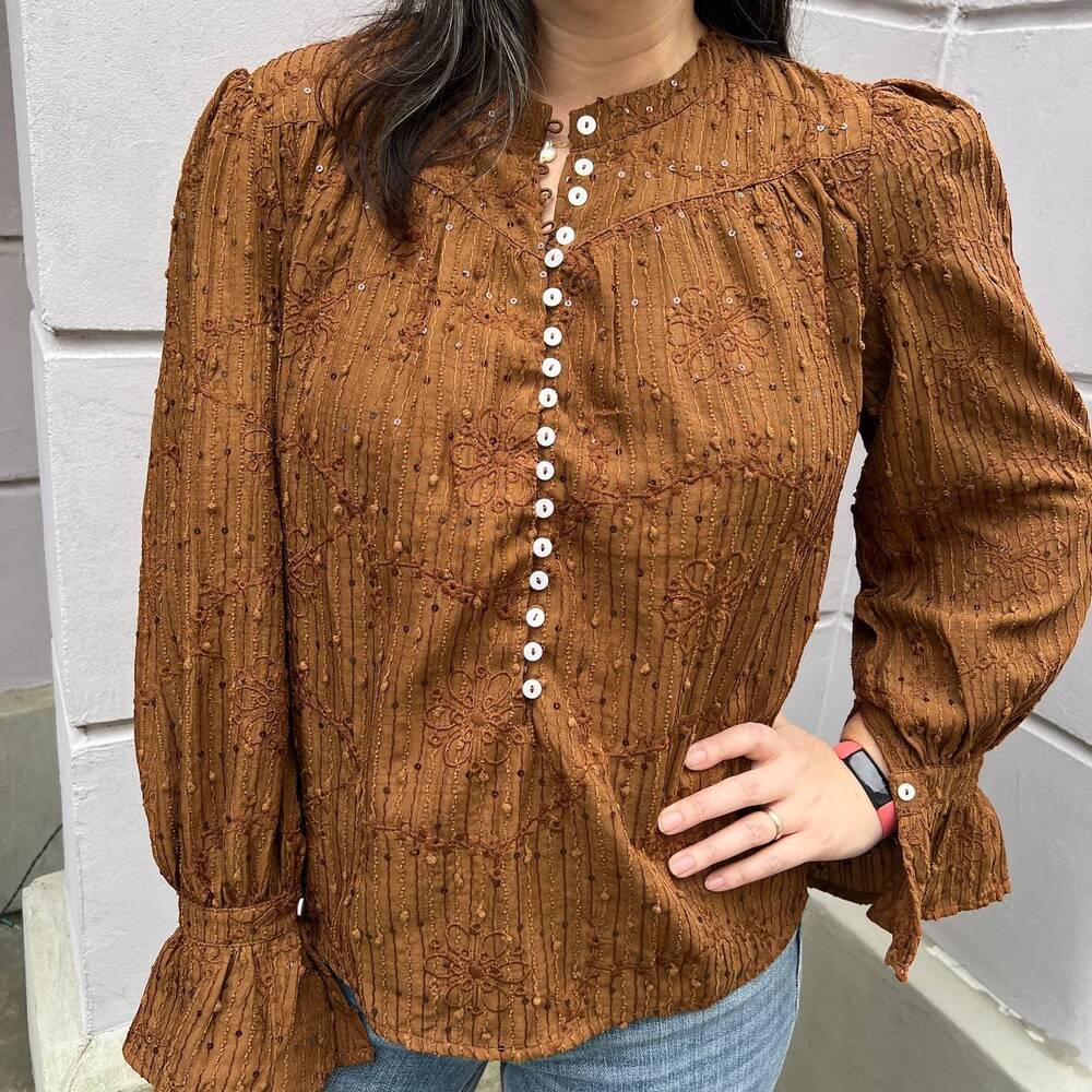 NEW VOY button detailed sequin and embroidered blouse in brown